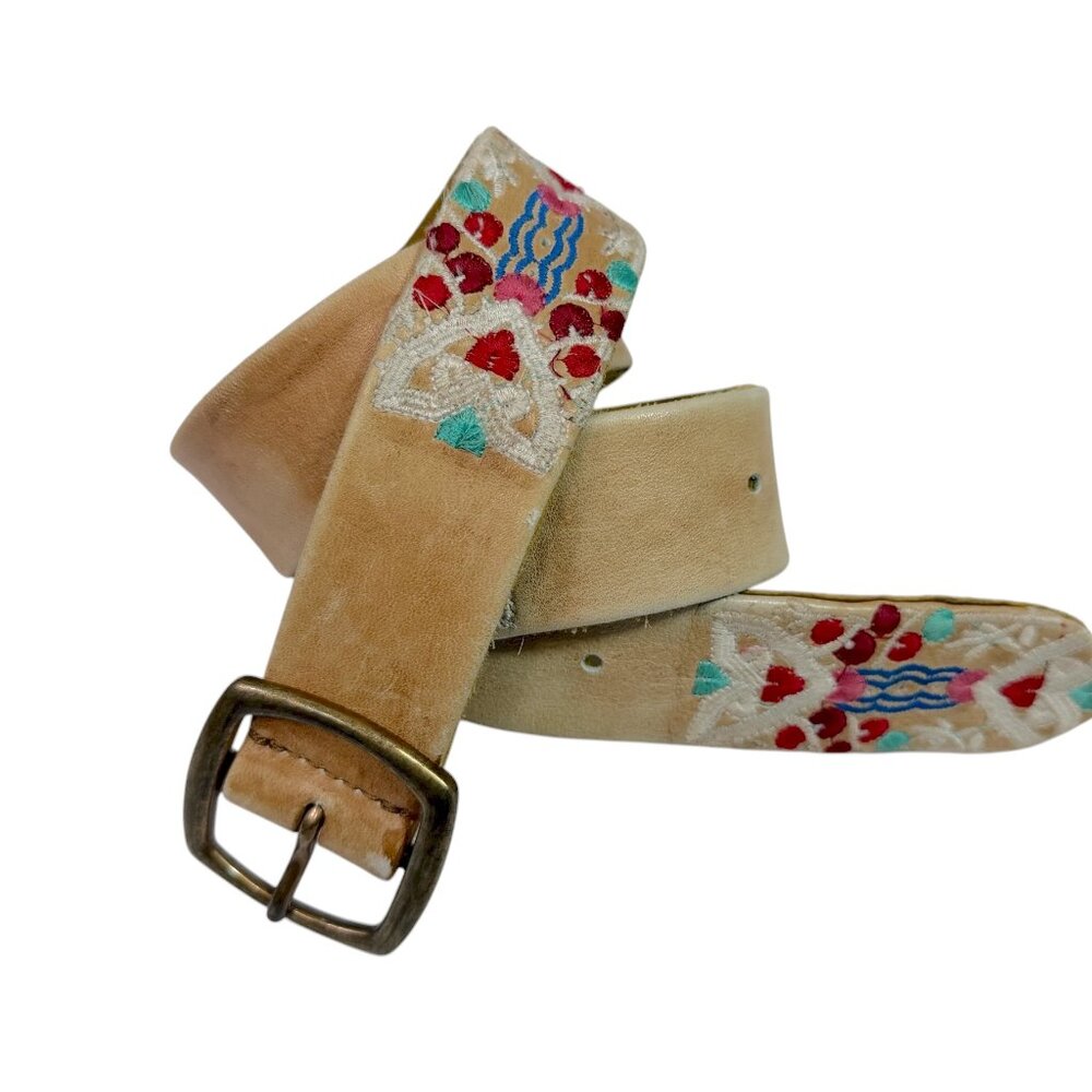 Free People Leather Belt Light Tan Colorful Embroidery Goat & Cow Leather S/M